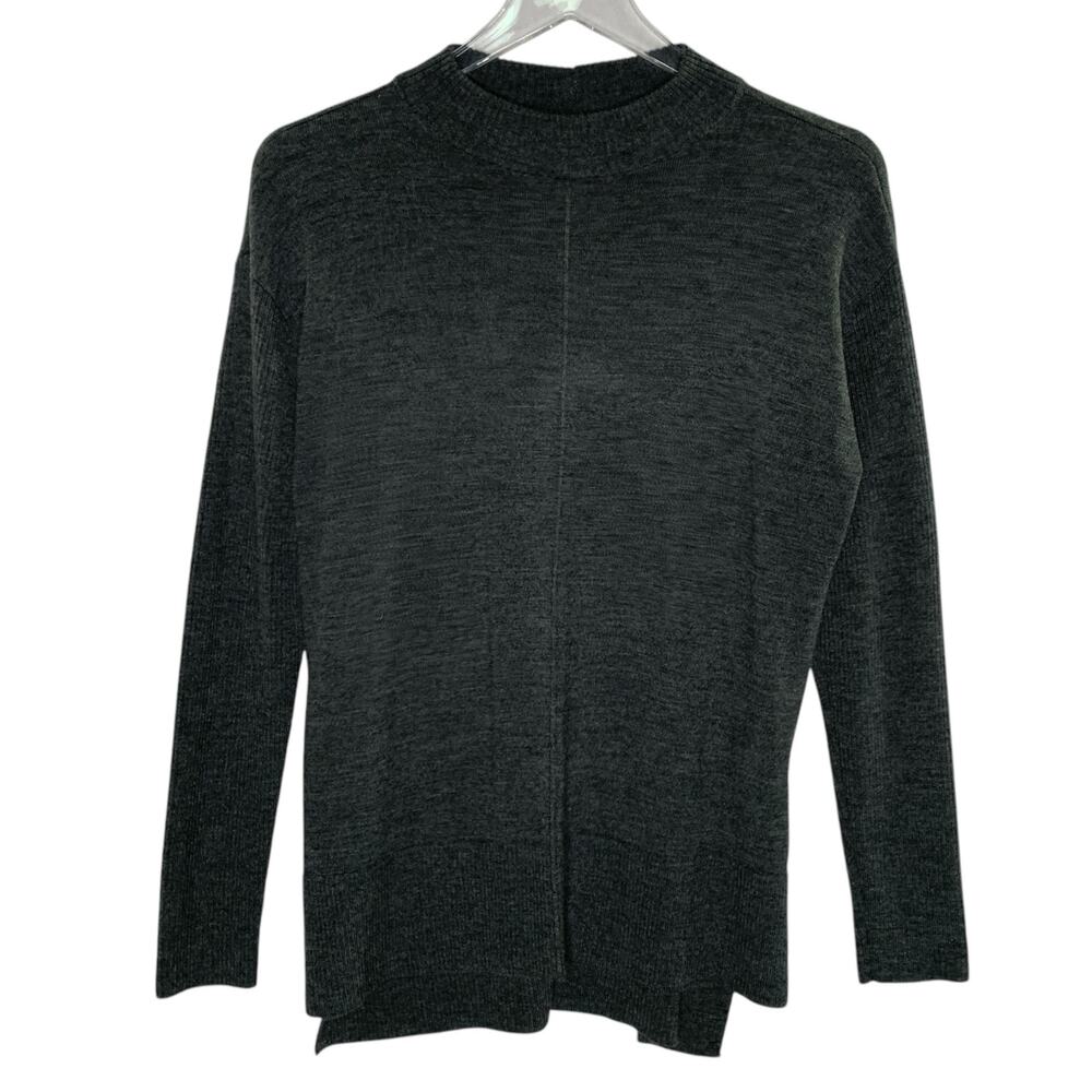 Talbots L Petite Gray Merino Wool Mock Neck Sweater Ribbed Sleeves Capsule